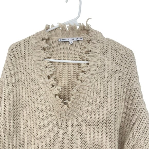 HYFVE Distressed Beige Distressed V-Neck Knit Sweater - Womens Size L - Picture 3 of 11